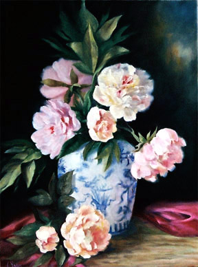 Peonies in Blue Vase